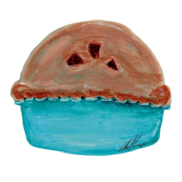 Plump Autumn Apple Pie In A Teal Pie Dish Waterproof Vinyl Sticker. A Fun, Cute Sticker For Autumn Lovers, Bakers, And Anyone Who Enjoys Cozy Fall Treats.