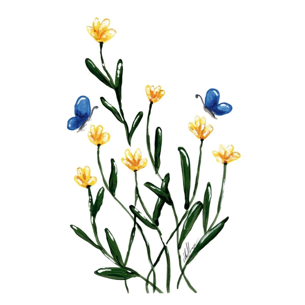Yellow Flowers with Blue Butterflies Waterproof Vinyl Sticker | Hand-Painted 3-Inch Decal for Water Bottles, Laptops & Journals