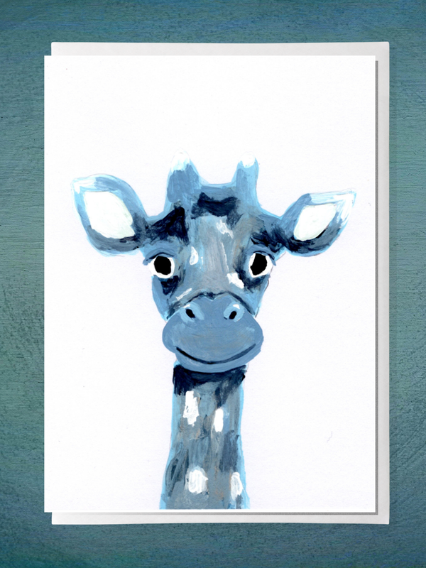 Adorable Blue Giraffe Greeting Card | Hand-Painted | Blank Inside