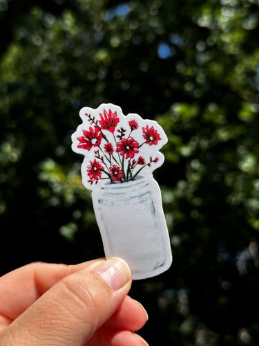 Mason Jar with Red Daisies Waterproof Vinyl Sticker | Hand-Painted 3-Inch Decal for Water Bottles, Laptops & Journals