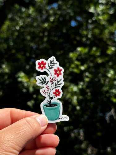Teal Pot Filled with Coral Flowers Waterproof Vinyl Sticker | Hand-Painted 3-Inch Decal for Water Bottles, Laptops & Journals