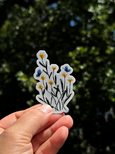 Yellow Flowers with Blue Butterflies Waterproof Vinyl Sticker | Hand-Painted 3-Inch Decal for Water Bottles, Laptops & Journals