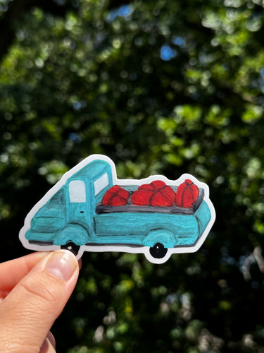 Vintage Teal Truck Filled with Large Pumpkins Waterproof Vinyl Sticker | Hand-Painted 3-Inch Decal for Water Bottles, Laptops & Journals