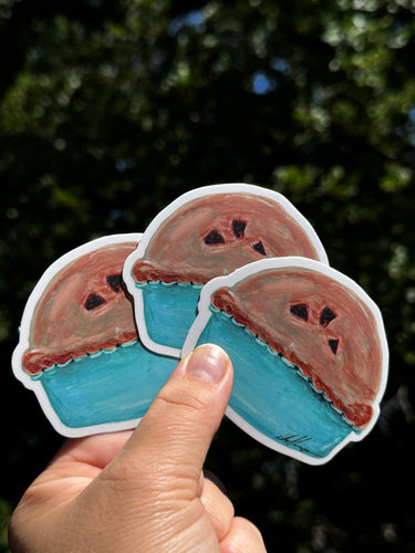 Plump Autumn Apple Pie In A Teal Pie Dish Waterproof Vinyl Sticker. A Fun, Cute Sticker For Autumn Lovers, Bakers, And Anyone Who Enjoys Cozy Fall Treats.