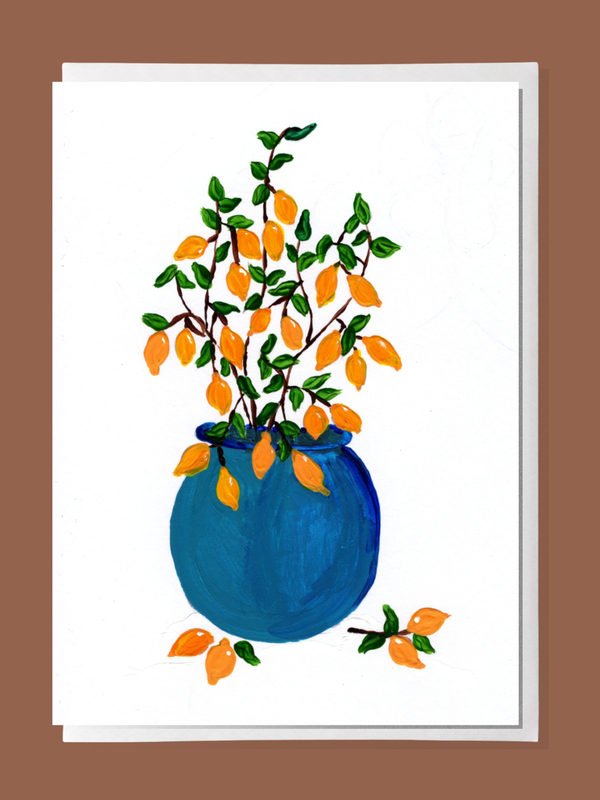 Lemon Plant in Teal Pot Greeting Card | Hand-Painted | Blank Inside