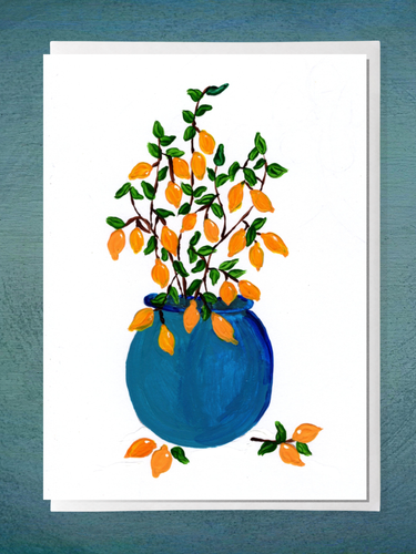 Lemon Plant in Teal Pot Greeting Card | Hand-Painted | Blank Inside